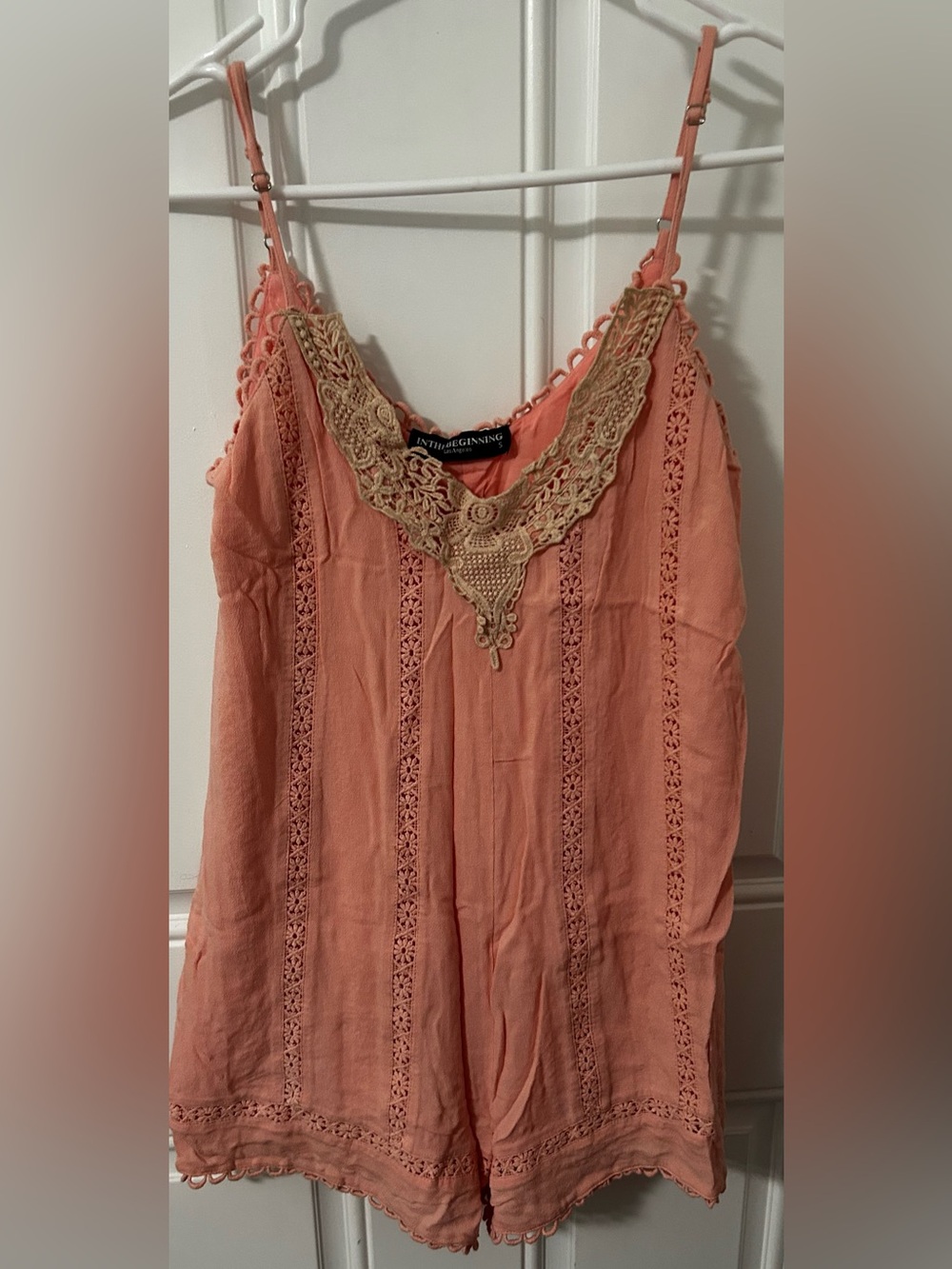 IN THE BEGINNING BOHO STYLE LT CORAL ROMPER SIZE:S  crochet lace